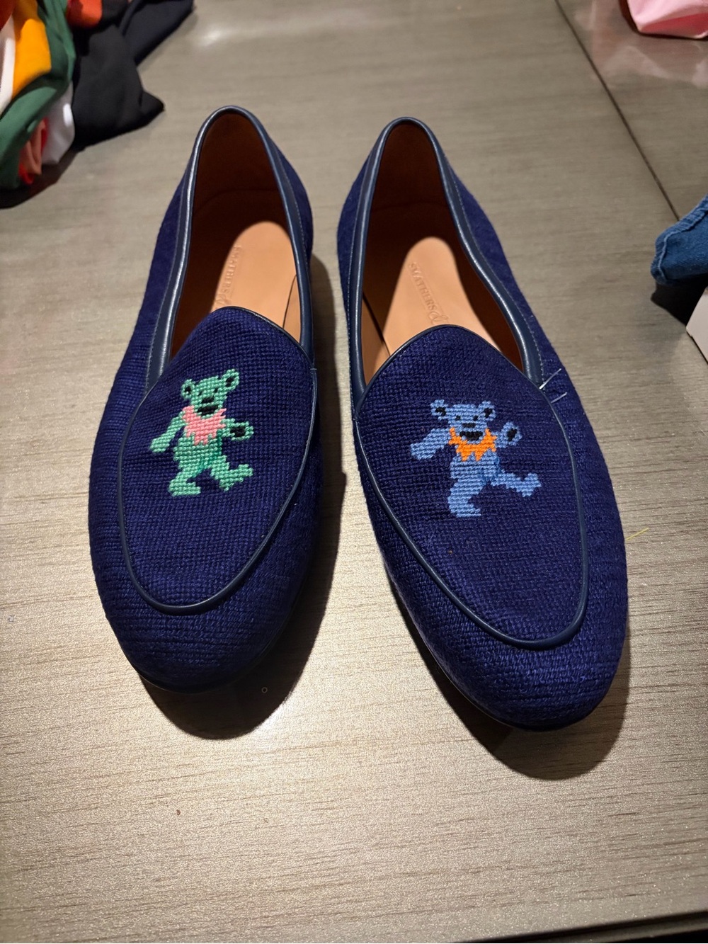 Navy Knit Men's Slip-On Loafers with Colorful Embroidered Motifs